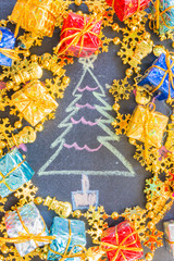 Hand drawn Xmas design with chalk on blackboard