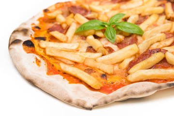 Pizza with french fries and salami