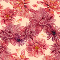 Watercolor dahlias and butterflies seamless background pattern,