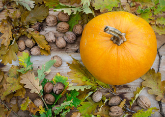 Orange pumpkin, pile of walnuts and dried leaves. Autumn composition