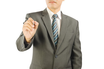 Businessman holding pen pointing something.