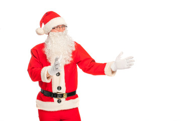 Portrait of happy Santa Claus with a huge sack