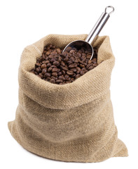 Kaffeebohnen im Kaffeesack Jutesack isoliert