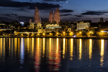 View of the waterfront and the city at night, in Baku, Azerbaija