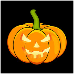 Halloween pumpkin vector illustration, Jack O Lantern  isolated on black background. Scary orange picture with candle light inside.