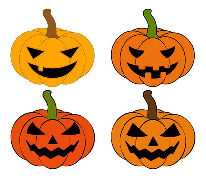 Halloween pumpkin vector illustration set, Jack O Lantern  isolated on white background. Scary orange picture with eyes.