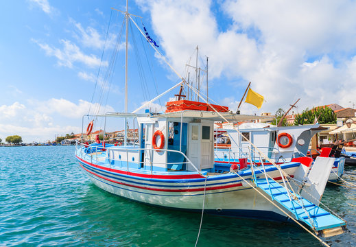 Typical colourful fishing boat in Pythagorion port, Samos island, Greece