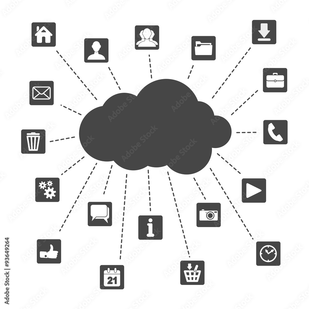 Poster abstract cloud computing with social networks icons on a white b