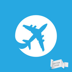 white flat airplane pictogram on a blue background