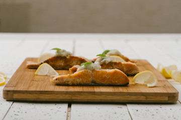 Salmon on the wooden table...