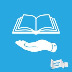 white flat hand giving the book icon - vector illustration