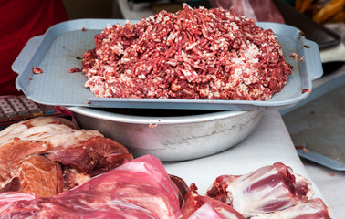 Raw chopped meat ready for sale in local farmers market