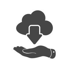 flat hand showing black cloud computing download icon on a white