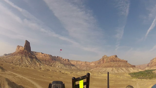 Pilot flying ultralight aircraft beautiful desert canyon aerial shot HD 052