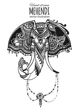 Hand-drawn mehendi elephant.  Ethnic african, indian, totem