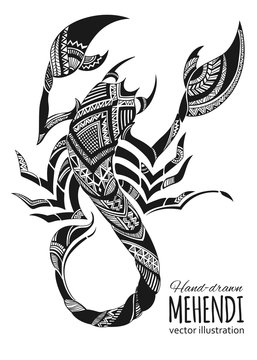 Hand-drawn mehendi scorpion.  Ethnic african, indian, totem