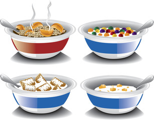 Illustration of assorted cold breakfast cereals with milk and hot oatmeal.