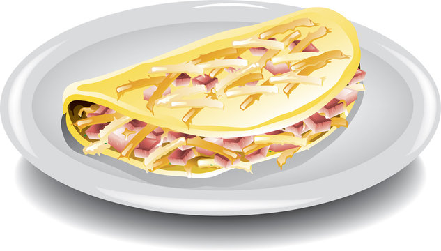 Illustration of a ham and cheese omelet on a plate.