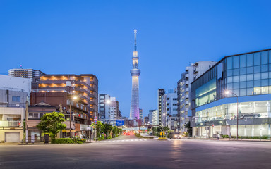 Tokyo street view and tokyo sky tree at night - Powered by Adobe