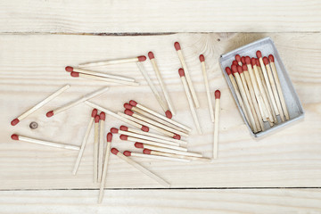matchstick and matchbox on wooden background