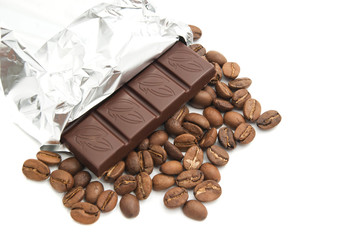 chocolate and heap of coffee beans