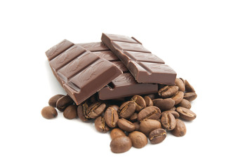 chocolate bar and coffee beans on white