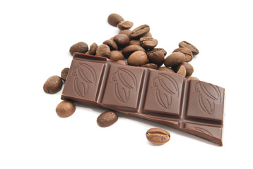 dark chocolate and coffee beans on white