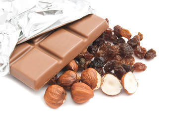 some hazelnuts, raisins and chocolate
