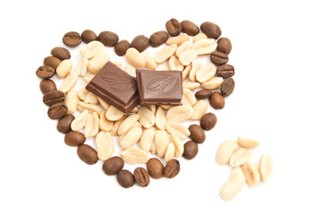 heart of coffee beans, peanuts and chocolate
