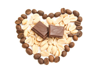 coffee beans, peanuts and chocolate on white