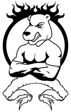 bear cartoon mascot muscle crest shield tattoo in vector format