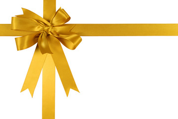 Fototapeta premium Yellow gold gift ribbon bow border frame for birthday or christmas present decoration isolated on white background photo