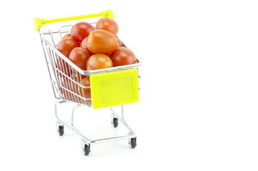 group of fresh cherry tomatoes on trolley isolated on white background