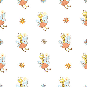 Vector seamless pattern with fairies giraffes and  flowers on a white  background.