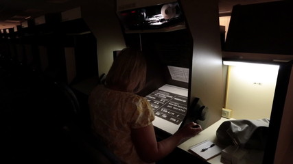 Woman microfiche genealogy search Mormon LDS Library HD 8710