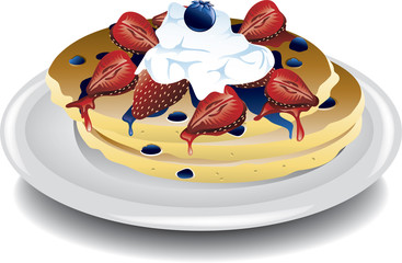 Illustration of Strawberry and blueberry pancakes with whipped cream.