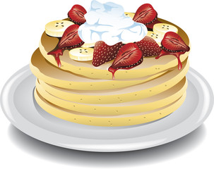 Illustration of strawberry banana pancakes with whipped cream.