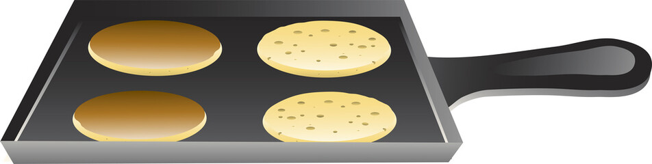 Illustration of pancakes cooking on a skillet.