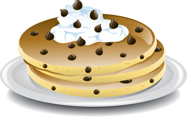 Illustration of chocolate chip pancakes with whipped cream.