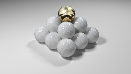 Golf balls abstract background with one gold ball