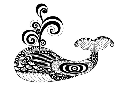 Hand drawn zentangle whale for coloring page, logo,pattern, tattoo and t shirt design effect