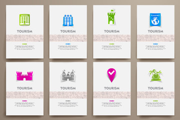 Corporate identity vector templates set with doodles tourism