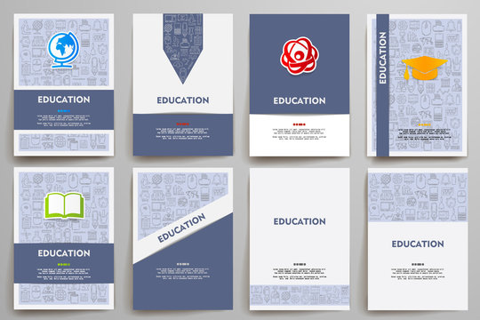 Corporate identity vector templates set with doodles education