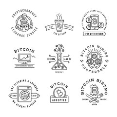 Bitcoin logo templates set. Cryptocurrency badge collection