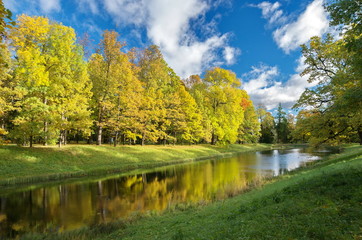 Autumn colorful landscape in the Catherine park in Pushkin (Tsarskoe Selo), St.Petersburg, Russia. 