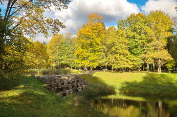 Autumn colorful landscape in the Catherine park in Pushkin (Tsarskoe Selo), St.Petersburg, Russia. 