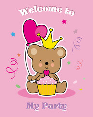 party invitation card. bear with cupcake and balloon