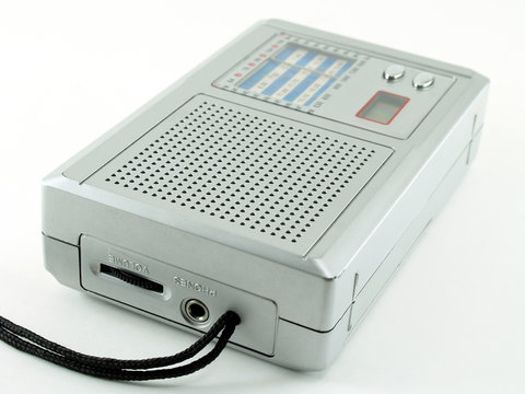 close-up gray portable retro radio isolated on white background