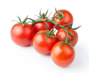 Ripe fresh cherry tomatoes on branch Isolated on white background