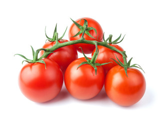 Ripe fresh cherry tomatoes on branch Isolated on white background
